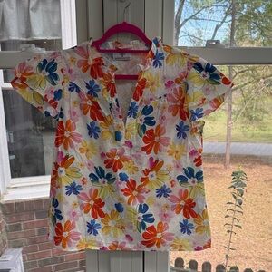 Bright Floral Short-Sleeve 100% Cotton Popover Top - Multicolor Sz L